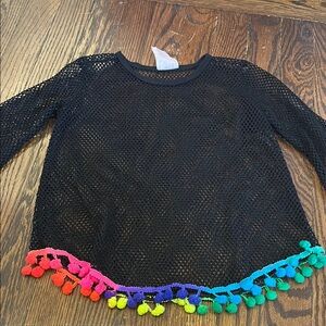 Vibrant Black Mesh Top with Colorful Pom-Poms